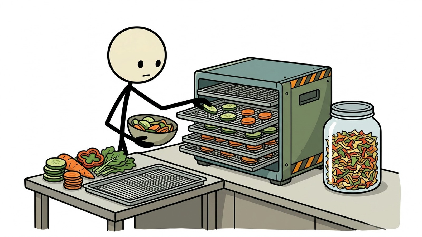 Illustration de style SC pour un guide pratique sur l'utilisation d'un déshydrateur alimentaire domestique pour la préparation aux urgences