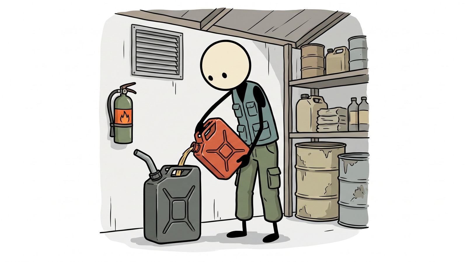Illustration de style SC pour Un guide complet sur les protocoles de sécurité, la sélection des conteneurs, les stabilisateurs et les réglementations légales pour le stockage de l'essence à la maison pour la préparation aux urgences et la survie à long terme.