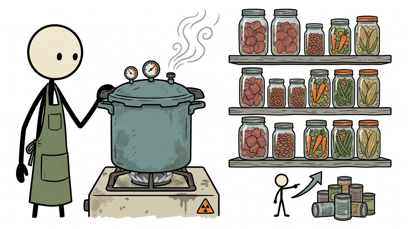 Illustration de style SC pour un guide convivial pour débutants sur la mise en conserve sous pression pour la conservation des aliments d'urgence