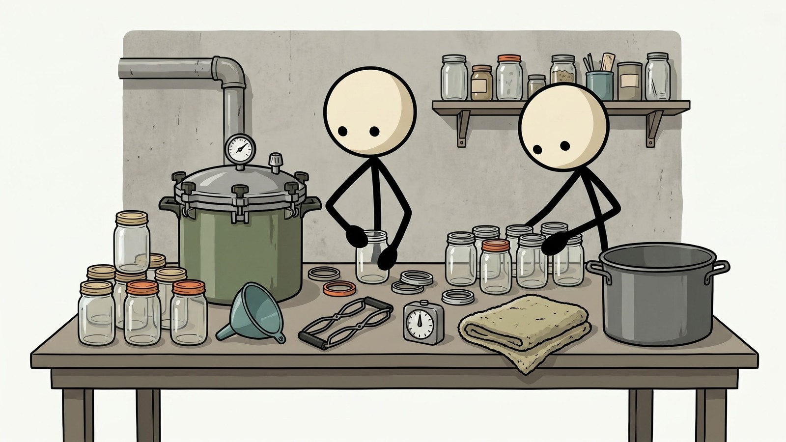 Illustration de style SC pour un guide convivial pour débutants sur la mise en conserve sous pression pour la conservation des aliments d'urgence