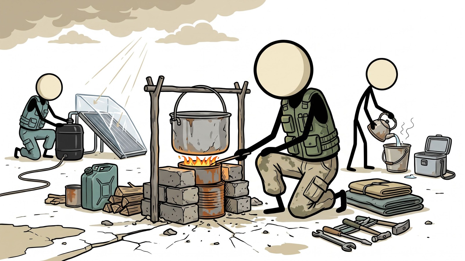 Illustration de style SC pour Un guide complet détaillant des méthodes sûres, pratiques et diverses pour chauffer de l'eau lors d'une panne de courant prolongée ou d'un scénario de survie sans réseau.