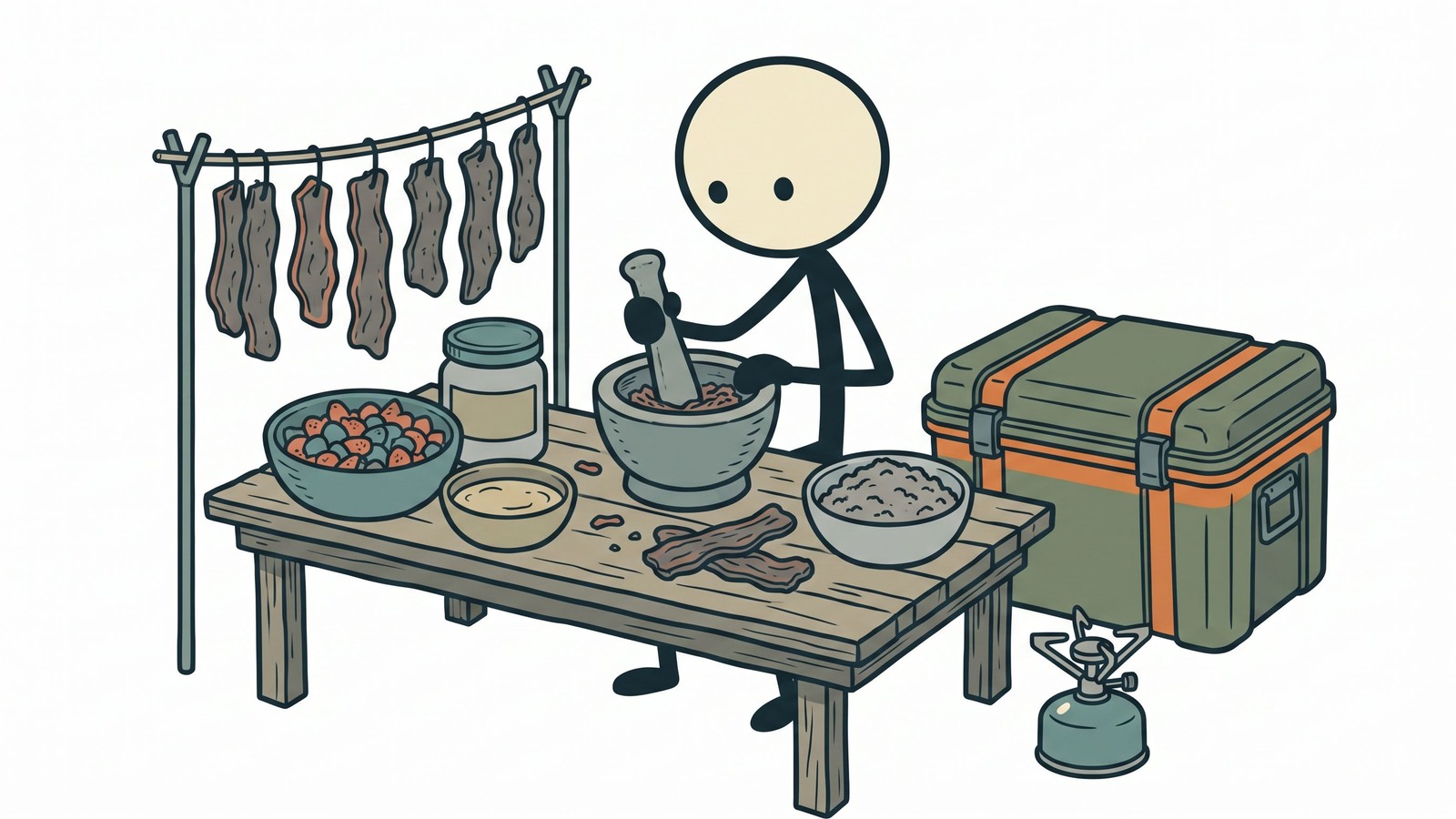 Illustration de style SC pour Un guide complet et étape par étape pour fabriquer du pemmican traditionnel, en se concentrant sur sa densité nutritionnelle, son importance historique et ses techniques de conservation pour la survie d'urgence à long terme.
