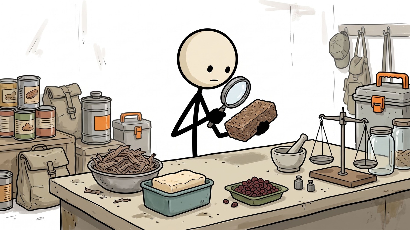 Illustration de style SC pour Un guide complet et étape par étape pour fabriquer du pemmican traditionnel, en se concentrant sur sa densité nutritionnelle, son importance historique et ses techniques de conservation pour la survie d'urgence à long terme.