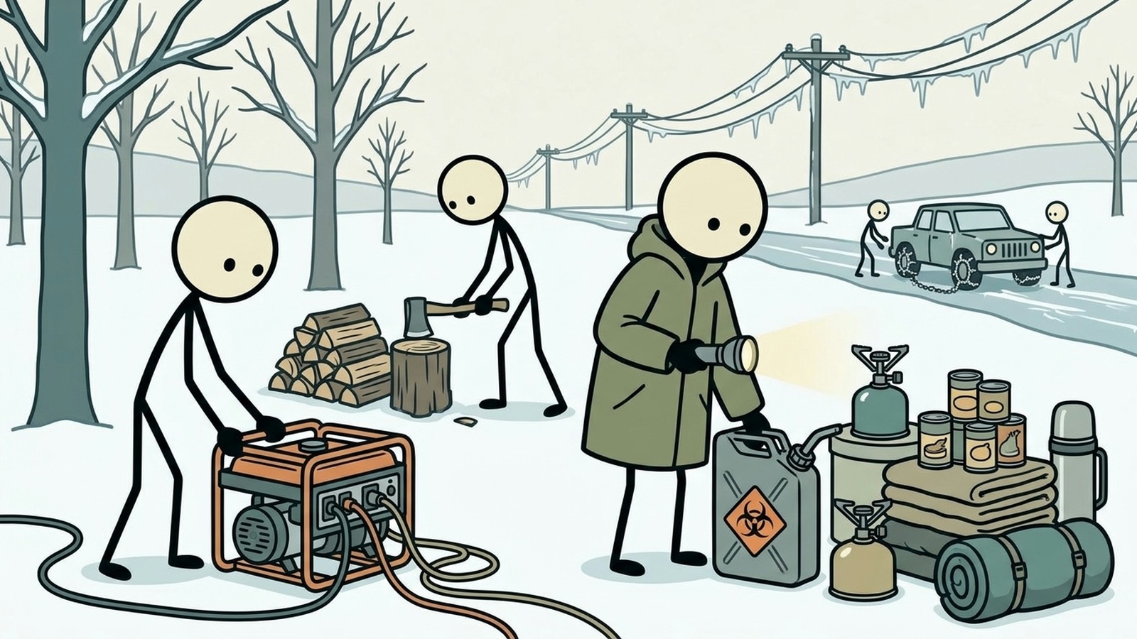 Illustration de style SC pour Établir un plan familial en cas de pluie verglaçante, de routes bloquées, de chutes de branches et de pannes de plusieurs jours.