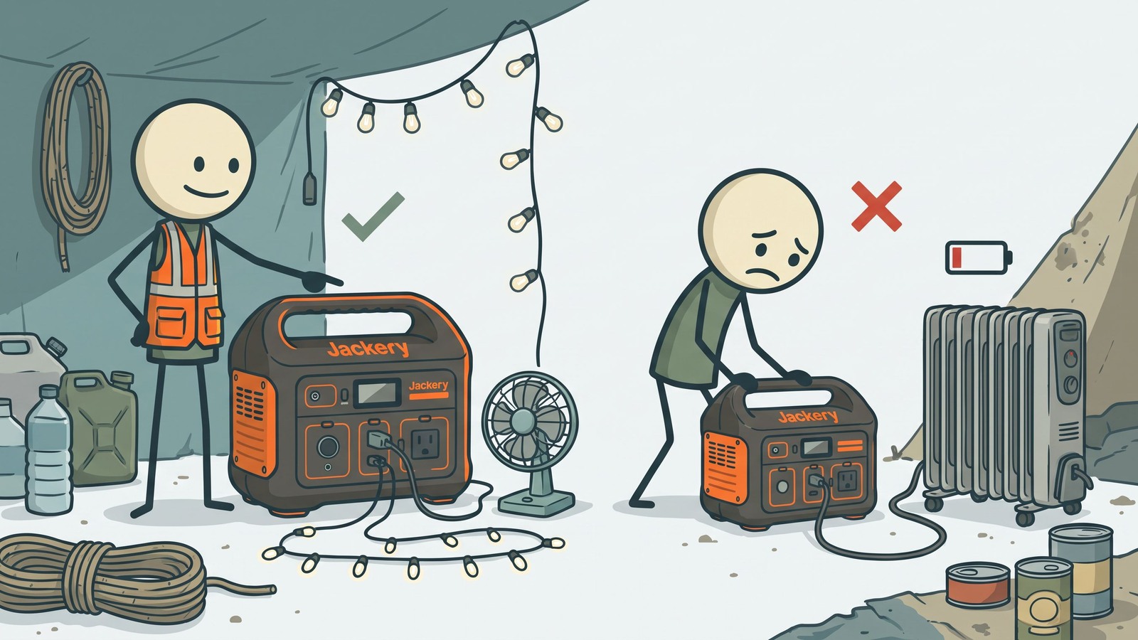 Illustration de style SC : famille utilisant une station d'énergie pendant une panne