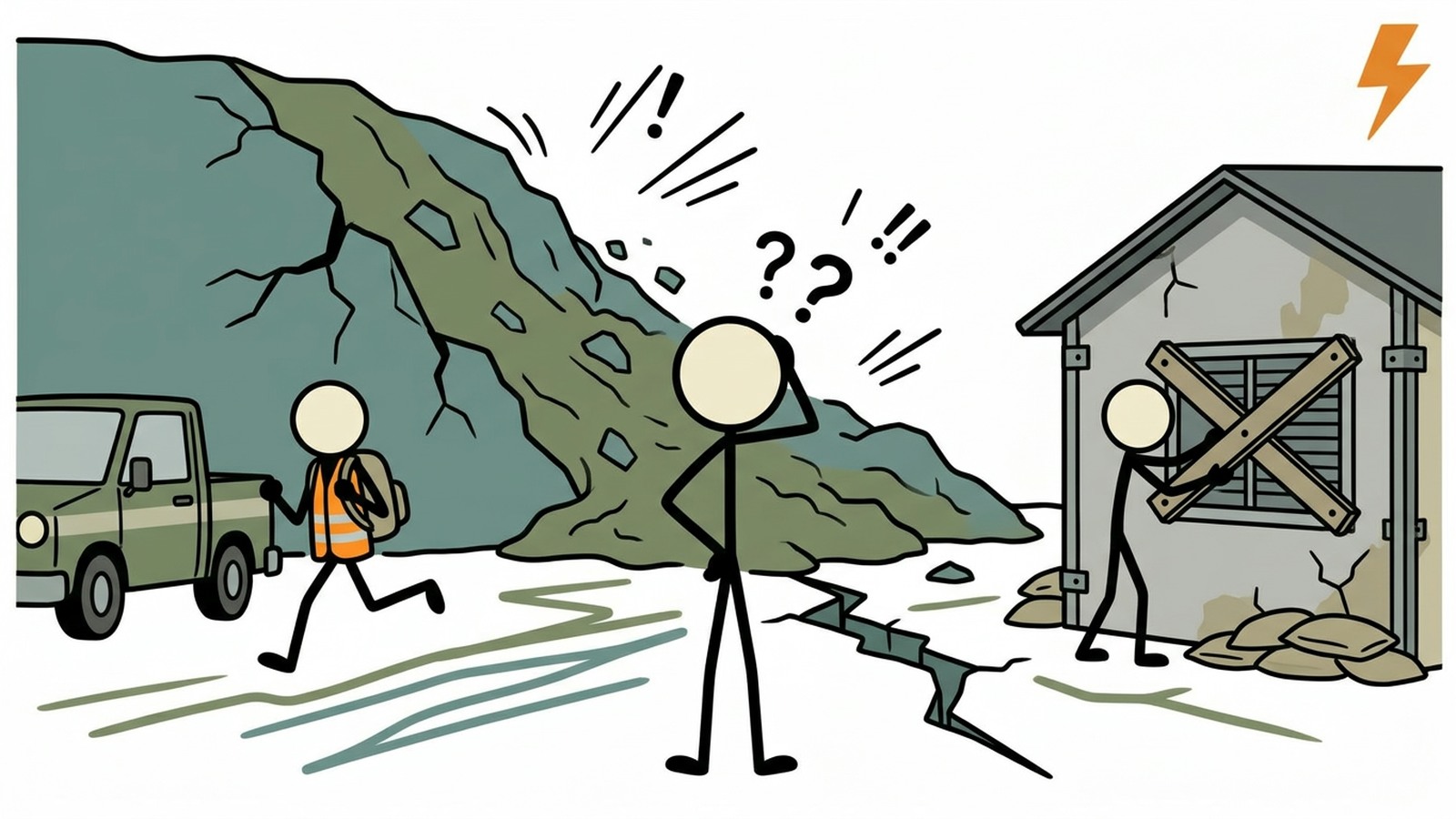Illustration de style SC pour couvrir le risque de pluie, les signes avant-coureurs sur la propriété, les déclencheurs d'évacuation et les actions plus sûres pendant un glissement.