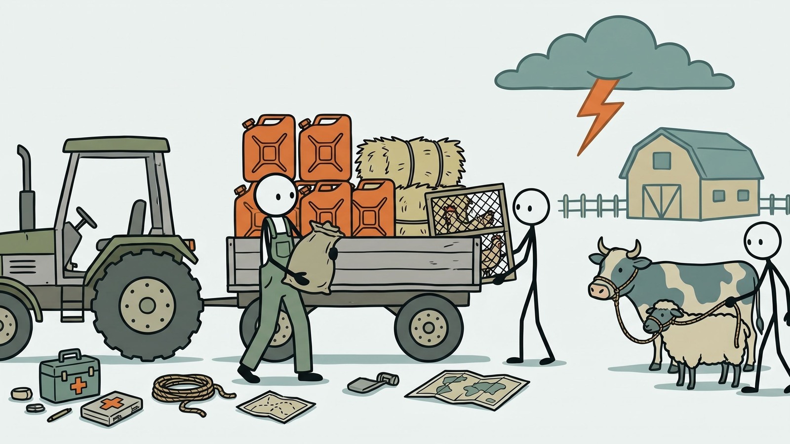 Illustration de style SC pour le guide de planification d'urgence pour les familles avec du bétail