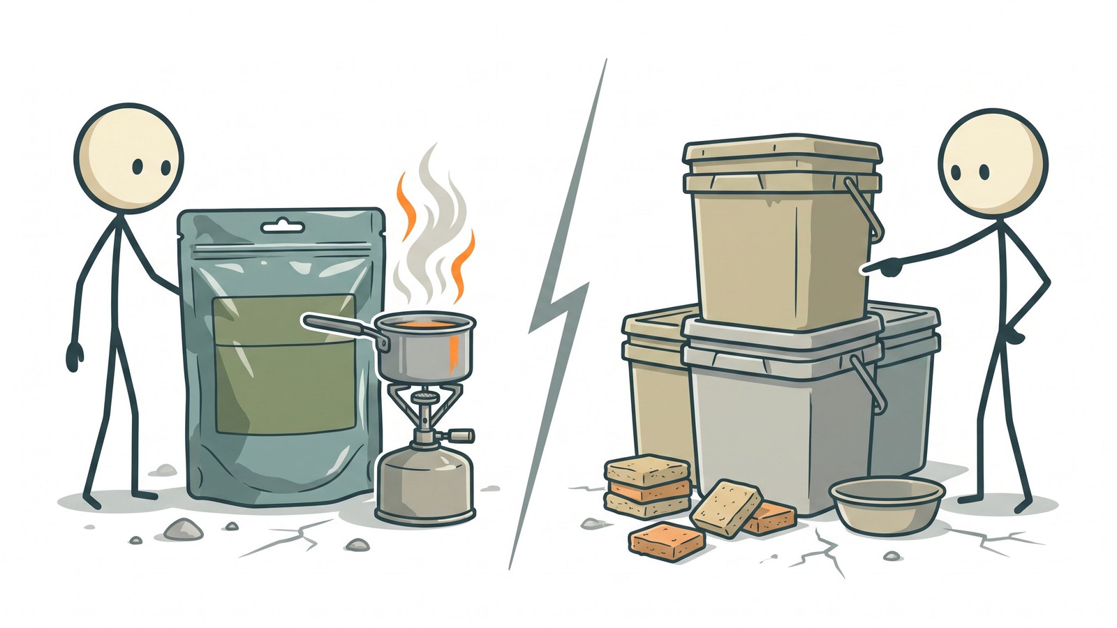 Illustration de style SC pour une comparaison directe des aliments d'urgence Mountain House vs ReadyWise pour la préparation à domicile. Expliquez à qui chaque marque convient, la qualité des repas, les allégations de durée de conservation, les calories par jour, les protéines, le sodium, l'eau requise, la méthode de préparation, l l'emballage, l'empreinte de stockage, le coût par calorie et comment utiliser les deux marques dans un plan alimentaire d'urgence domestique pratique.