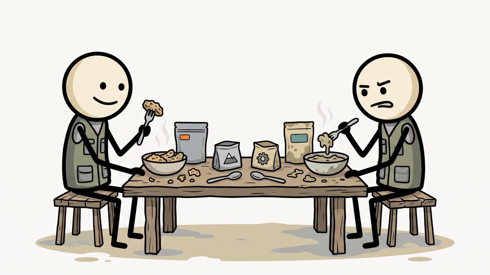 Illustration de style SC pour une comparaison directe des aliments d'urgence Mountain House vs ReadyWise pour la préparation à domicile. Expliquez à qui chaque marque convient, la qualité des repas, les allégations de durée de conservation, les calories par jour, les protéines, le sodium, l'eau requise, la méthode de préparation, l l'emballage, l'empreinte de stockage, le coût par calorie et comment utiliser les deux marques dans un plan alimentaire d'urgence domestique pratique.