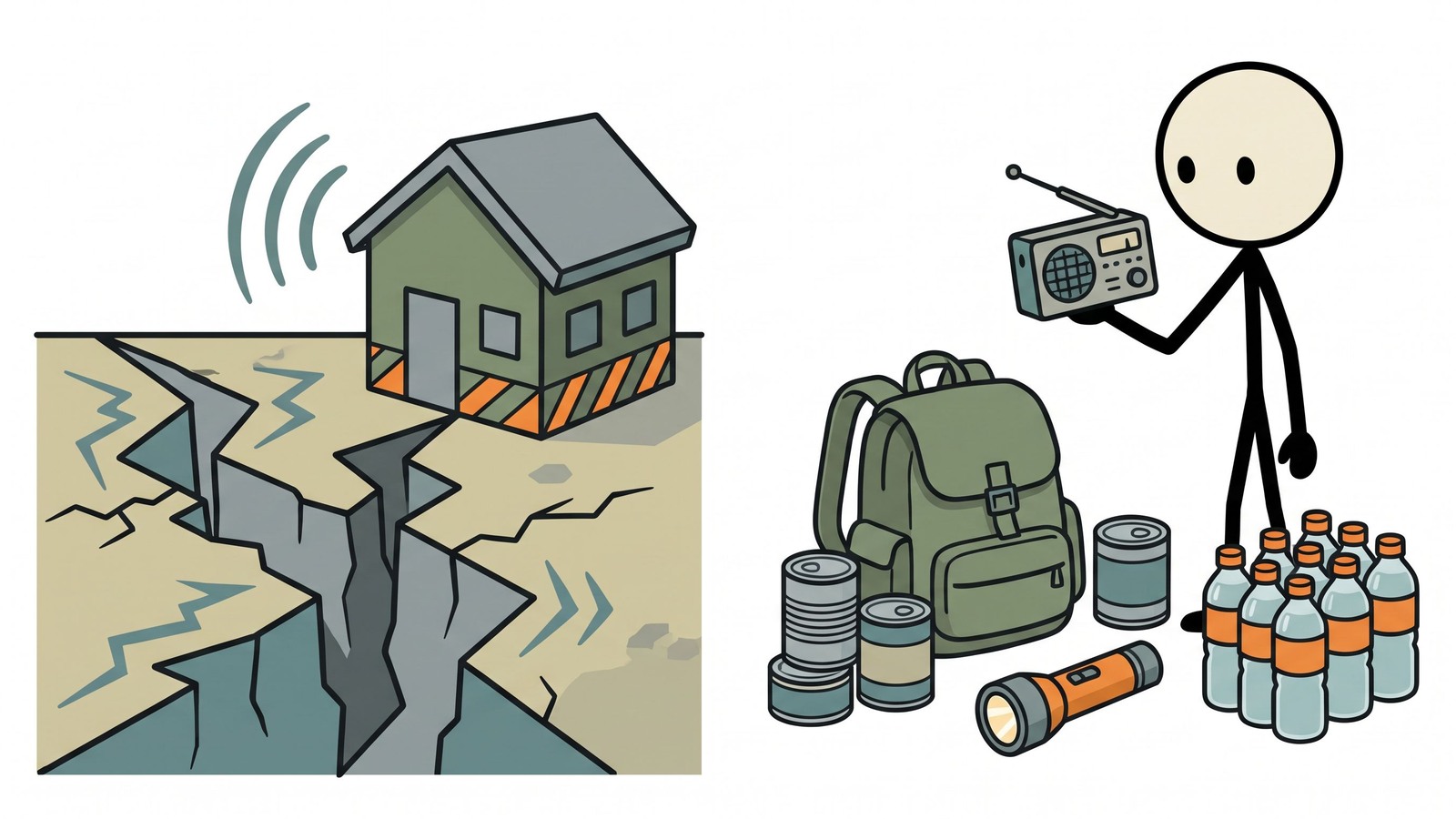 Illustration de style SC pour un guide de survie complet adapté aux résidents du Midwest pour se préparer, survivre et se remettre d'un événement sismique majeur le long de la zone de faille historiquement volatile de New Madrid.