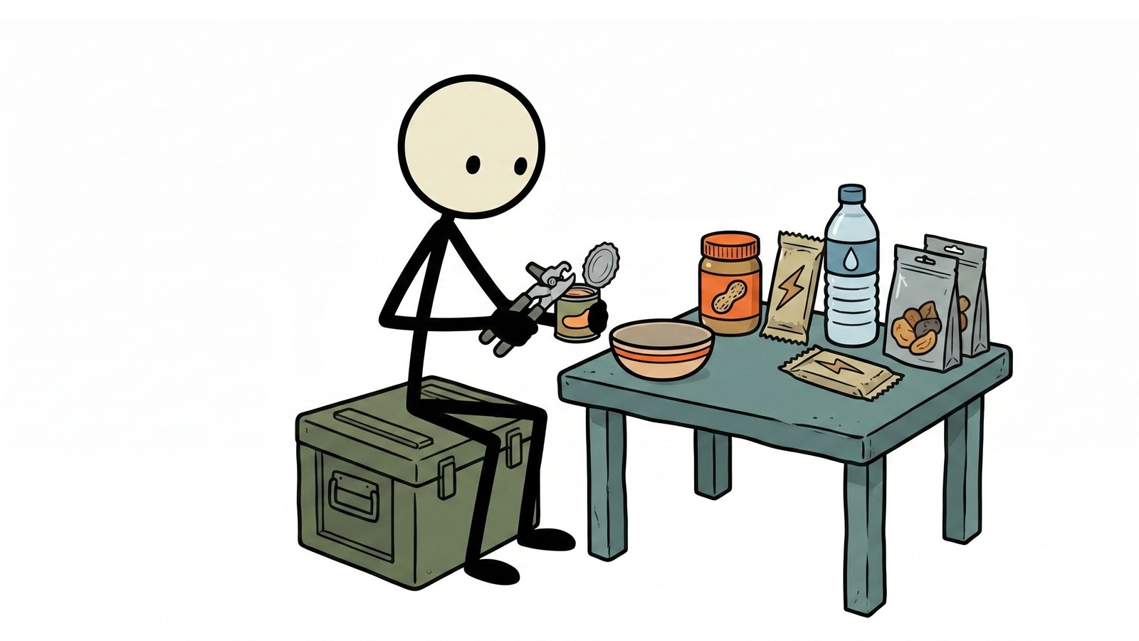 Illustration de style SC pour la conception d'un menu d'urgence sans cuisson avec des aliments non périssables, une stratégie d'hydratation, un équilibre nutritionnel et une préparation à faible gaspillage