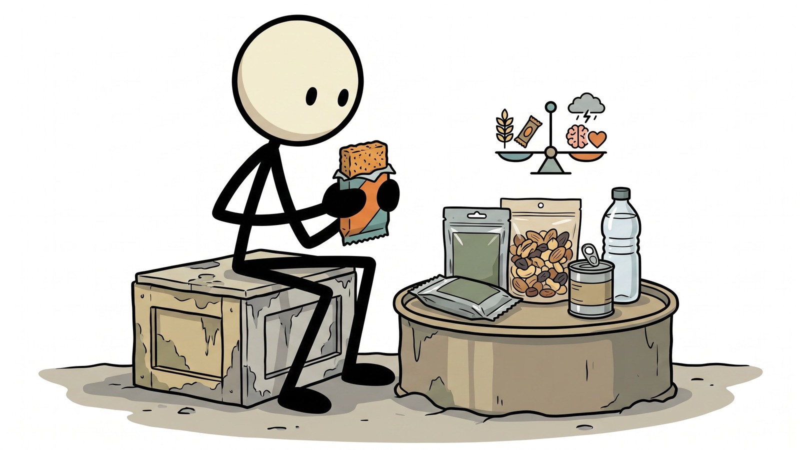 Illustration de style SC pour la conception d'un menu d'urgence sans cuisson avec des aliments non périssables, une stratégie d'hydratation, un équilibre nutritionnel et une préparation à faible gaspillage