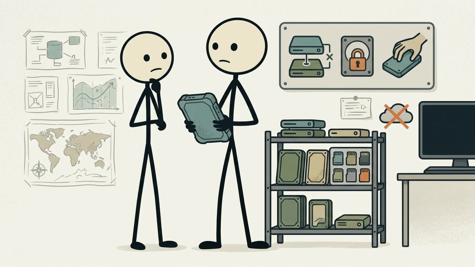 Illustration de style SC pour Un guide complet sur la sécurisation des données personnelles, financières et de survie critiques à l'aide de solutions de stockage physiques hors réseau pour garantir l'accès à l'information lors de pannes de courant prolongées ou de coupures d'Internet.