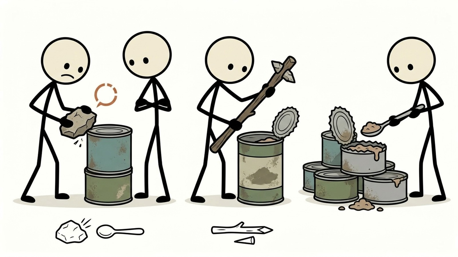 Illustration de style SC pour un guide d'accès sécurisé aux aliments d'urgence expliquant comment ouvrir une boîte de conserve sans ouvre-boîte. Classement des méthodes de la cuillère, du béton rugueux, du multi-outil, du couteau et du tournevis par sécurité, rapidité, risque de blessure, risque de contamination alimentaire et quand ne pas les tenter.