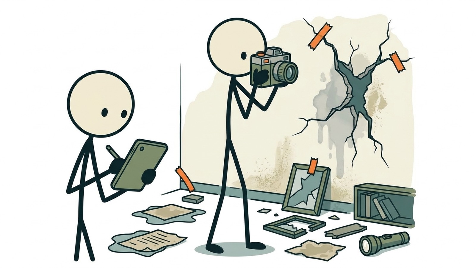 Illustration de style SC pour la sécurité de la couverture, la documentation, l'assurance, les services publics, le nettoyage, les dossiers et le rétablissement émotionnel après un événement.
