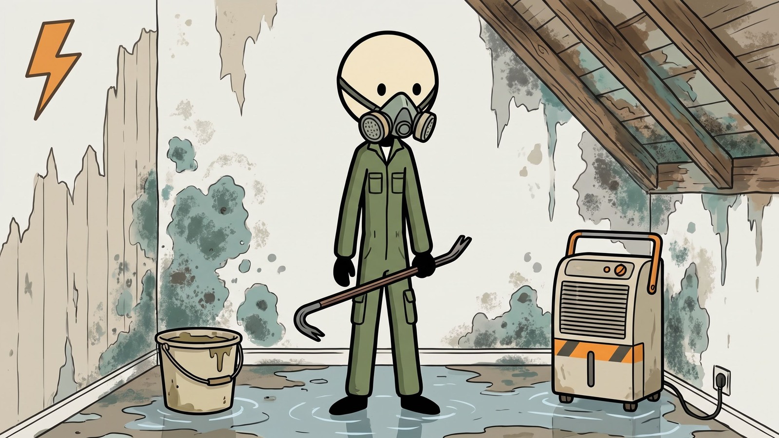 Illustration de style SC pour un guide de survie complet pour récupérer votre maison en toute sécurité après une inondation, en se concentrant sur l'identification des dangers structurels, la prévention de la croissance de moisissures toxiques et l'exécution d'un protocole d'assainissement étape par étape.