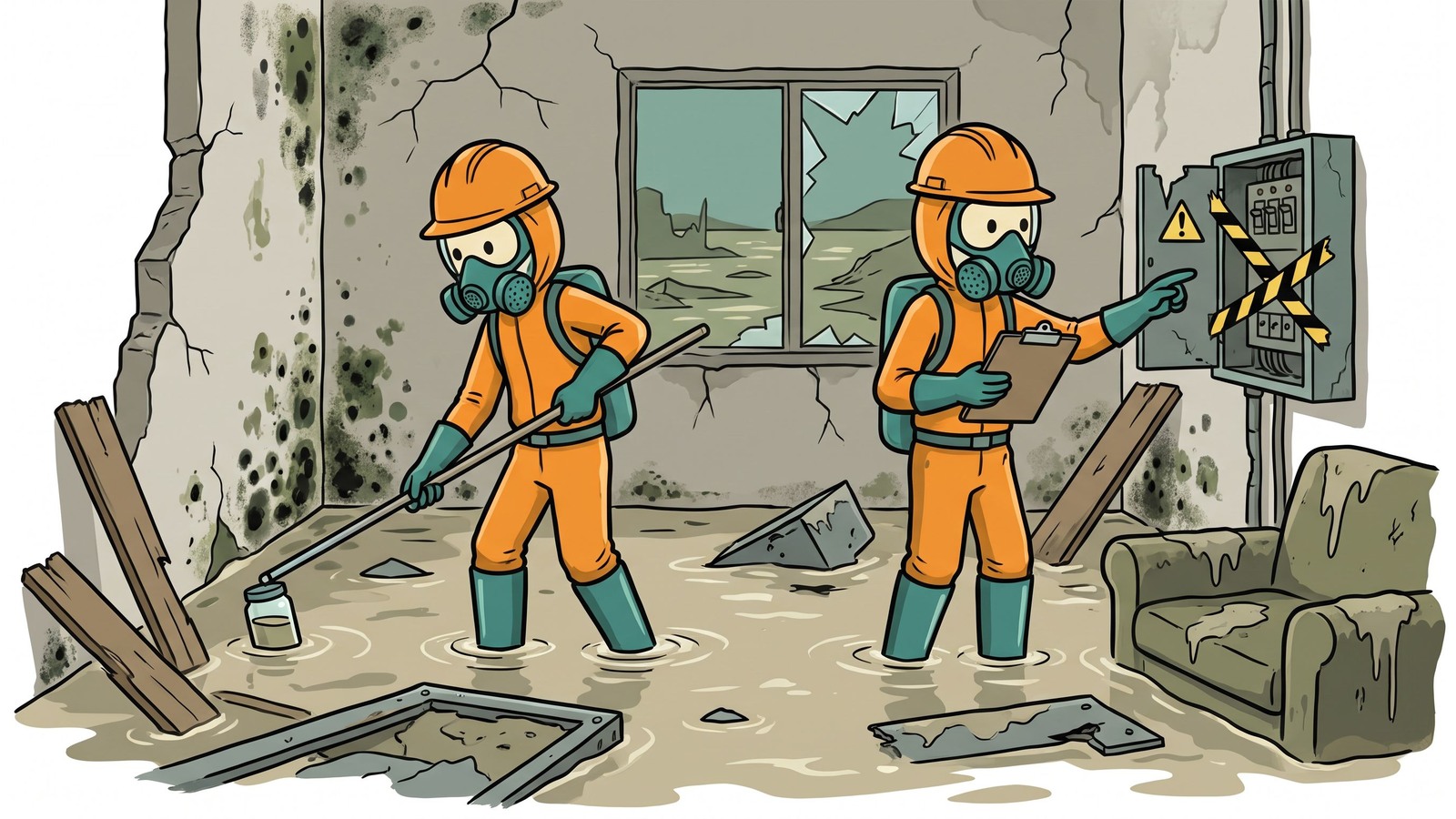 Illustration de style SC pour un guide de survie complet pour récupérer votre maison en toute sécurité après une inondation, en se concentrant sur l'identification des dangers structurels, la prévention de la croissance de moisissures toxiques et l'exécution d'un protocole d'assainissement étape par étape.
