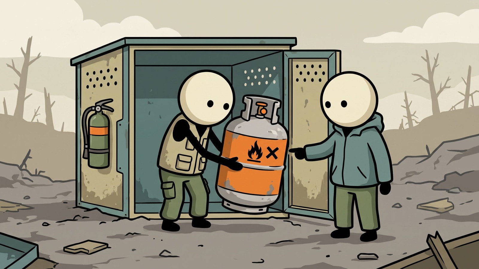 Illustration de style SC pour Un guide complet pour les survivalistes sur la façon de stocker, manipuler et calculer en toute sécurité les besoins en propane pour la survie hors réseau à long terme et la préparation aux urgences.