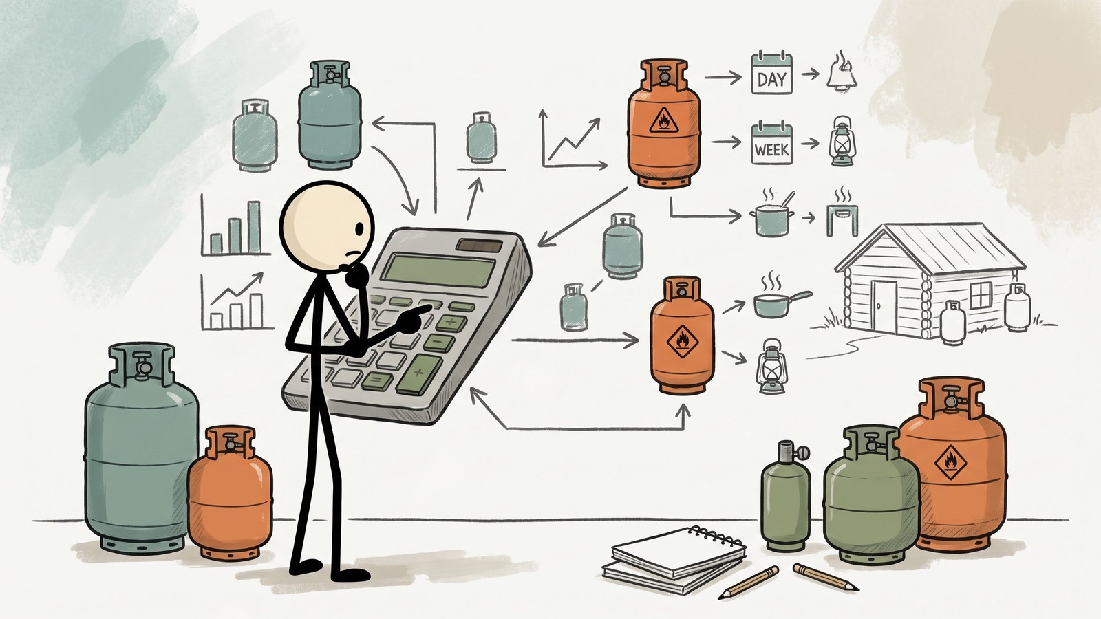 Illustration de style SC pour Un guide complet pour les survivalistes sur la façon de stocker, manipuler et calculer en toute sécurité les besoins en propane pour la survie hors réseau à long terme et la préparation aux urgences.