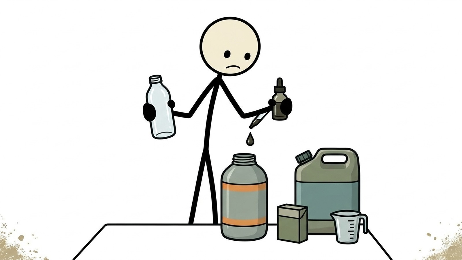 Illustration de style SC pour expliquer le dosage de l'eau de Javel ménagère non parfumée, le temps de contact, les limites et quand une autre méthode est requise.