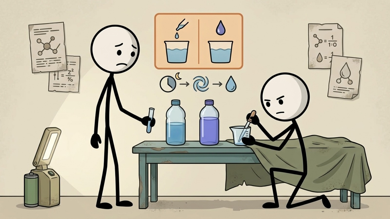 Illustration de style SC pour expliquer le dosage de l'eau de Javel ménagère non parfumée, le temps de contact, les limites et quand une autre méthode est requise.