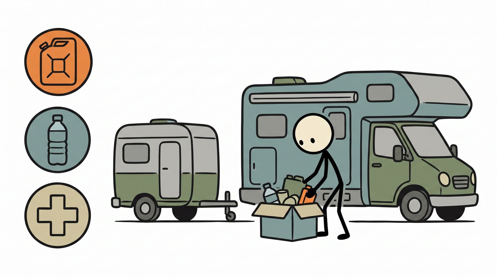 Illustration de style SC pour Ce guide complet explore comment équiper, stocker et utiliser stratégiquement un VR ou une roulotte comme abri de survie mobile autonome lors d'évacuations d'urgence.