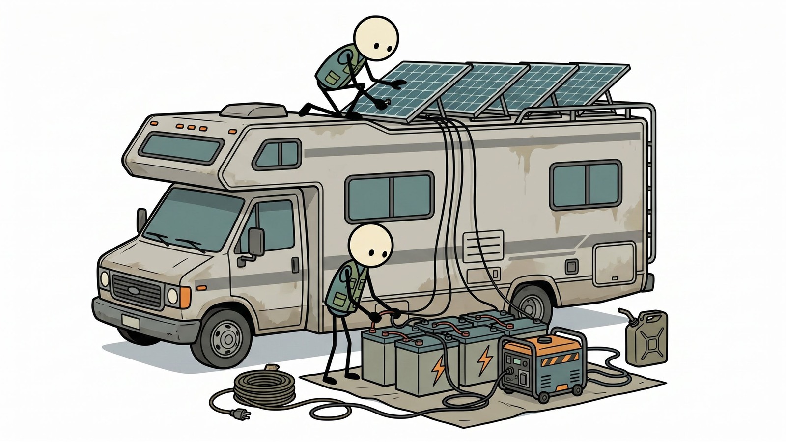 Illustration de style SC pour Ce guide complet explore comment équiper, stocker et utiliser stratégiquement un VR ou une roulotte comme abri de survie mobile autonome lors d'évacuations d'urgence.