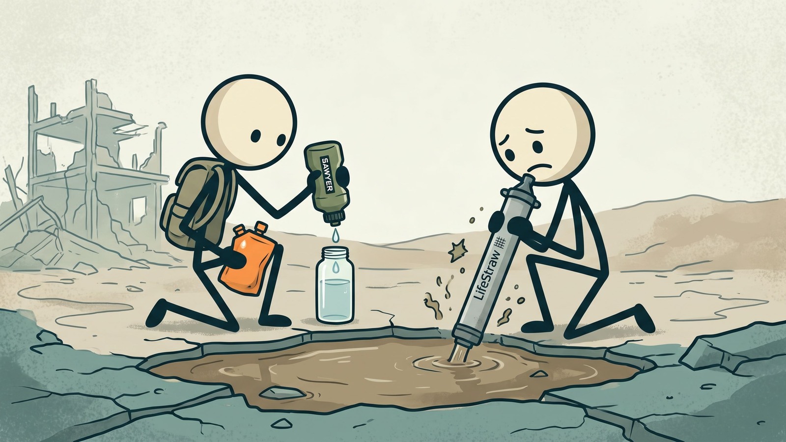 Illustration de l'utilisation d'urgence des filtres à eau Sawyer Squeeze et LifeStraw