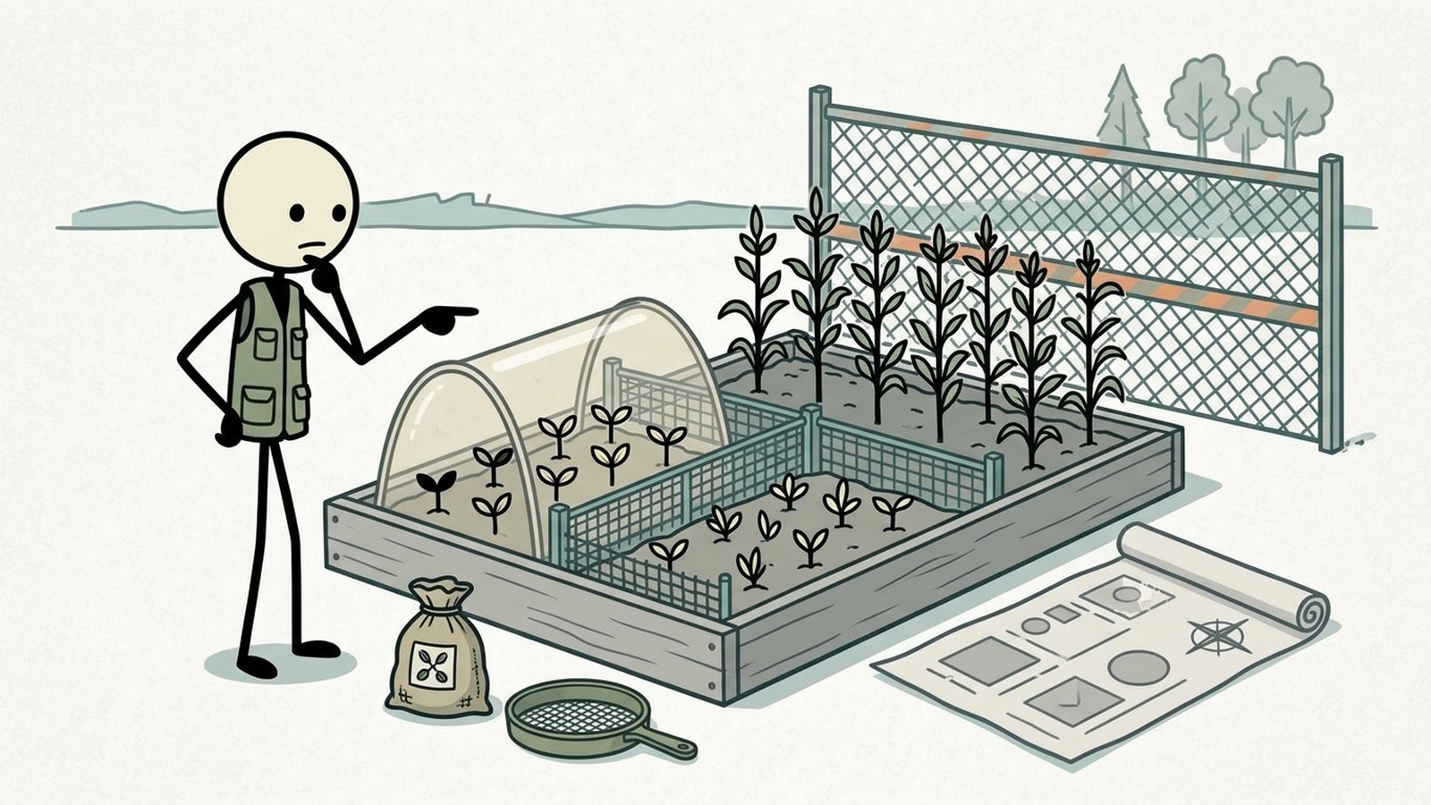 Illustration de style SC pour Un guide complet pour les préparateurs sur la sélection, la récolte et la conservation des semences de variétés anciennes pour construire un jardin de survie autosuffisant qui assure la sécurité alimentaire à long terme pendant les crises prolongées.
