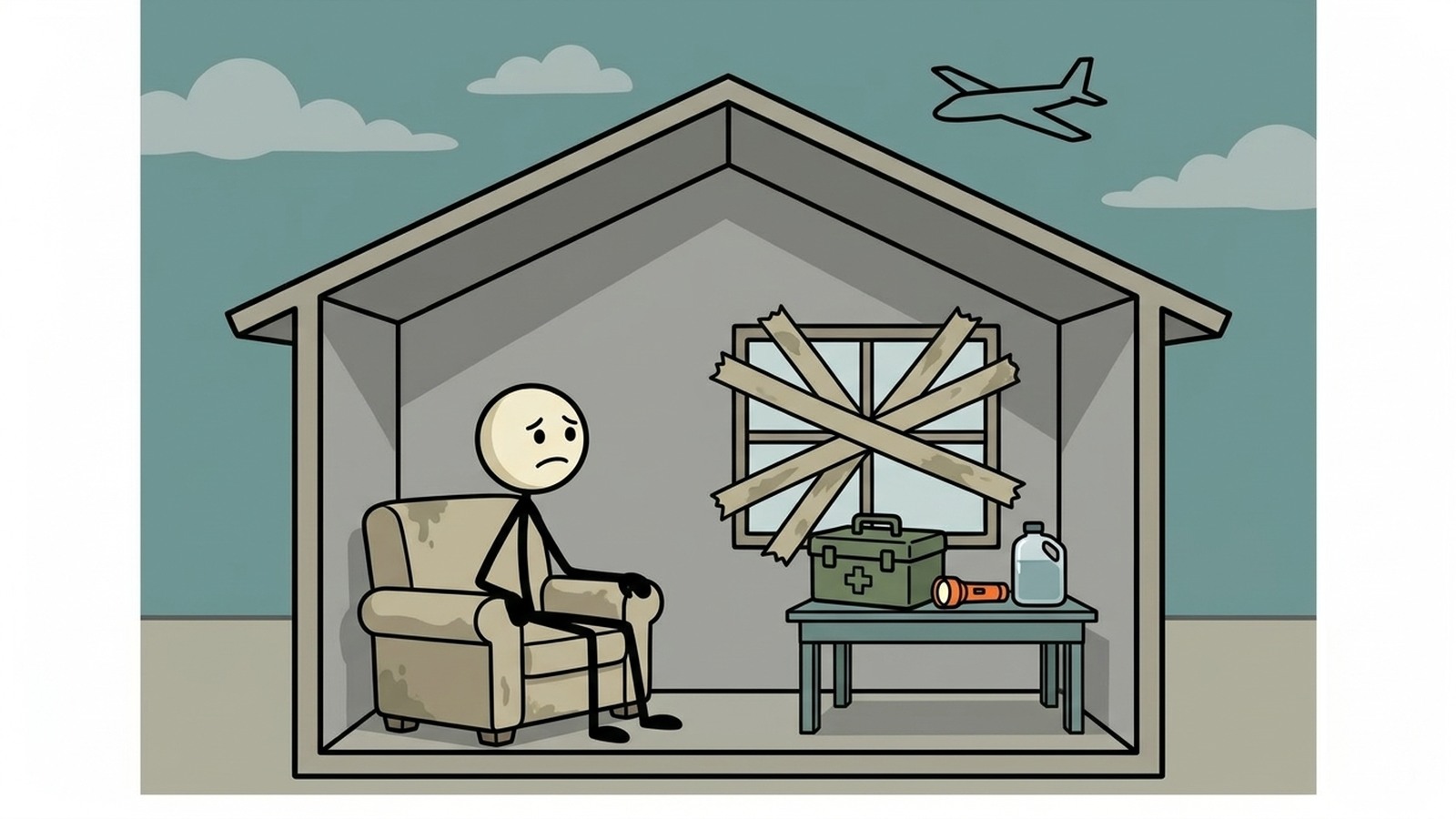 Illustration de style SC pour un guide complet des procédures de confinement pour les dangers aéroportés, y compris les déversements chimiques, les retombées nucléaires, les rejets d'agents biologiques, la fumée de feu de forêt et la qualité de l'air extrême