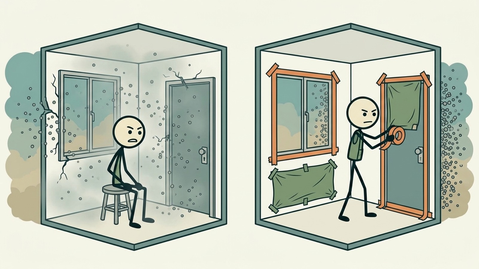 Illustration de style SC pour un guide complet des procédures de confinement pour les dangers aéroportés, y compris les déversements chimiques, les retombées nucléaires, les rejets d'agents biologiques, la fumée de feu de forêt et la qualité de l'air extrême
