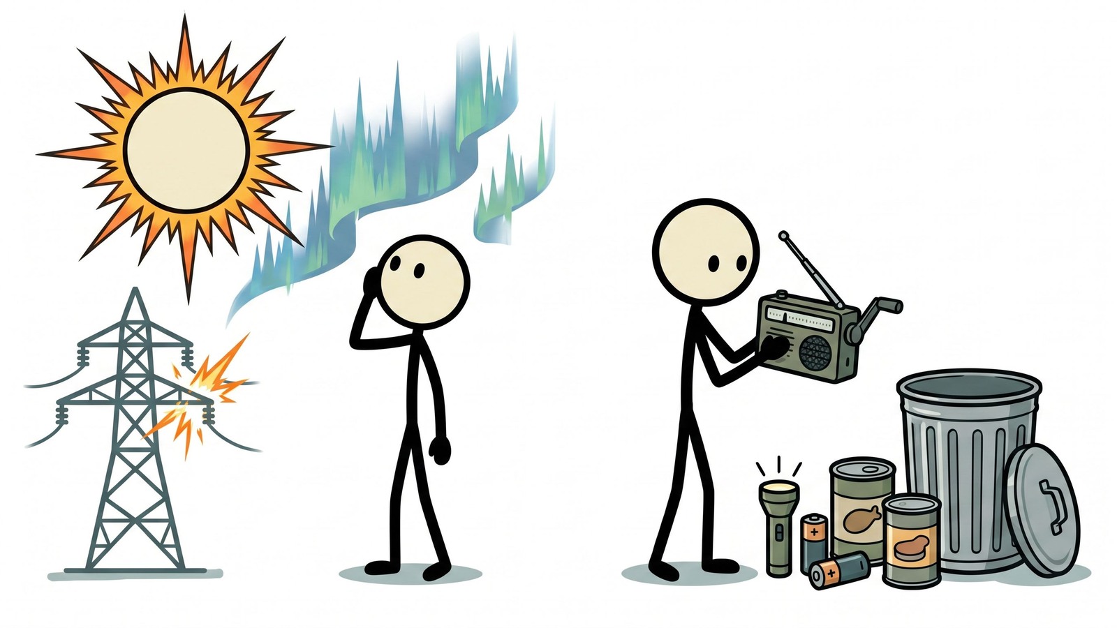Illustration de style SC pour un guide scientifique sur la préparation aux éruptions solaires et aux tempêtes géomagnétiques