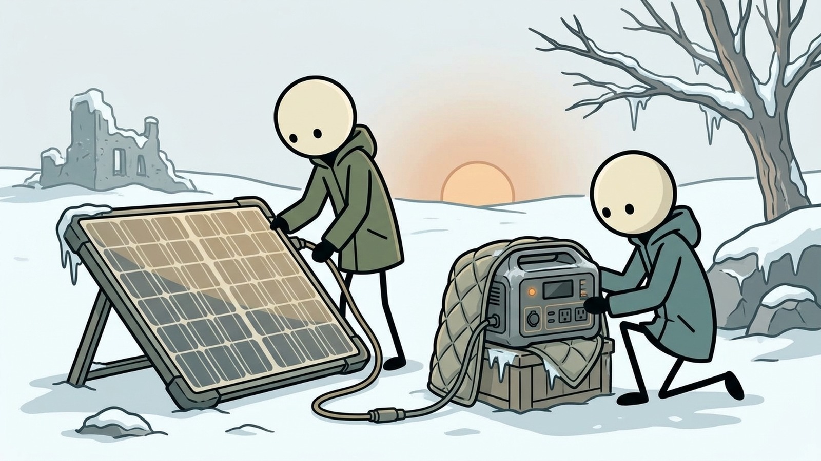 Illustration de style SC pour Planifier les performances hivernales réelles en fonction de l'angle du panneau, de la neige, de la température de la batterie et de la réduction de la lumière du jour.