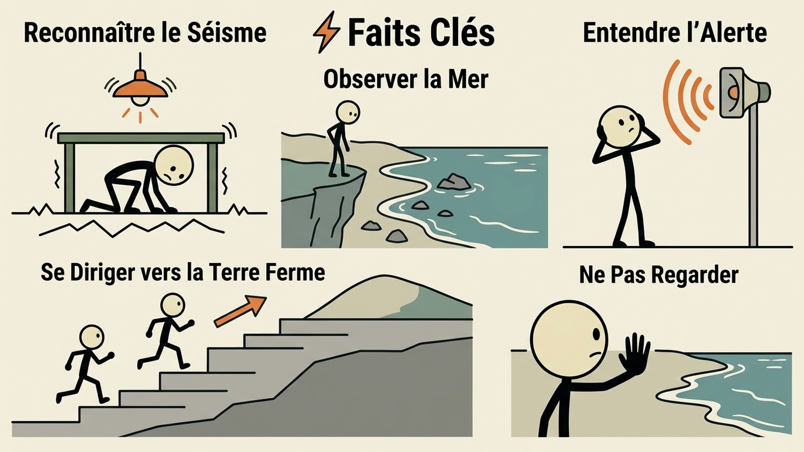 Illustration de style SC expliquant les avertissements officiels, les signes naturels, les itinéraires d'évacuation, la réunification et la sécurité au retour pour les foyers côtiers.