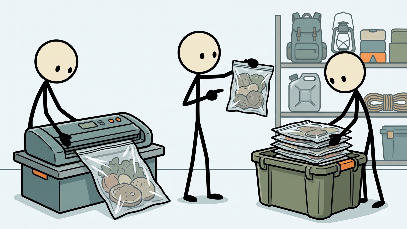 Illustration de style SC pour Un guide complet et étape par étape sur la façon de sceller sous vide en toute sécurité divers types d'aliments à la maison afin de maximiser la durée de conservation pour la préparation aux urgences à long terme et les stocks de survie.