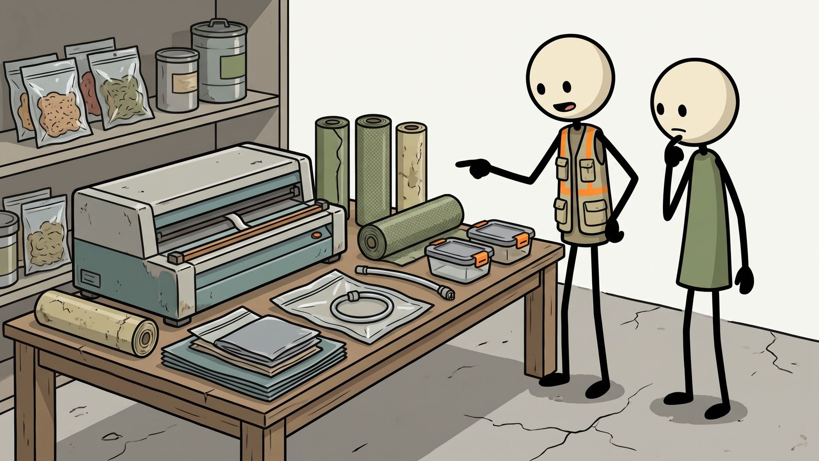 Illustration de style SC pour Un guide complet et étape par étape sur la façon de sceller sous vide en toute sécurité divers types d'aliments à la maison afin de maximiser la durée de conservation pour la préparation aux urgences à long terme et les stocks de survie.