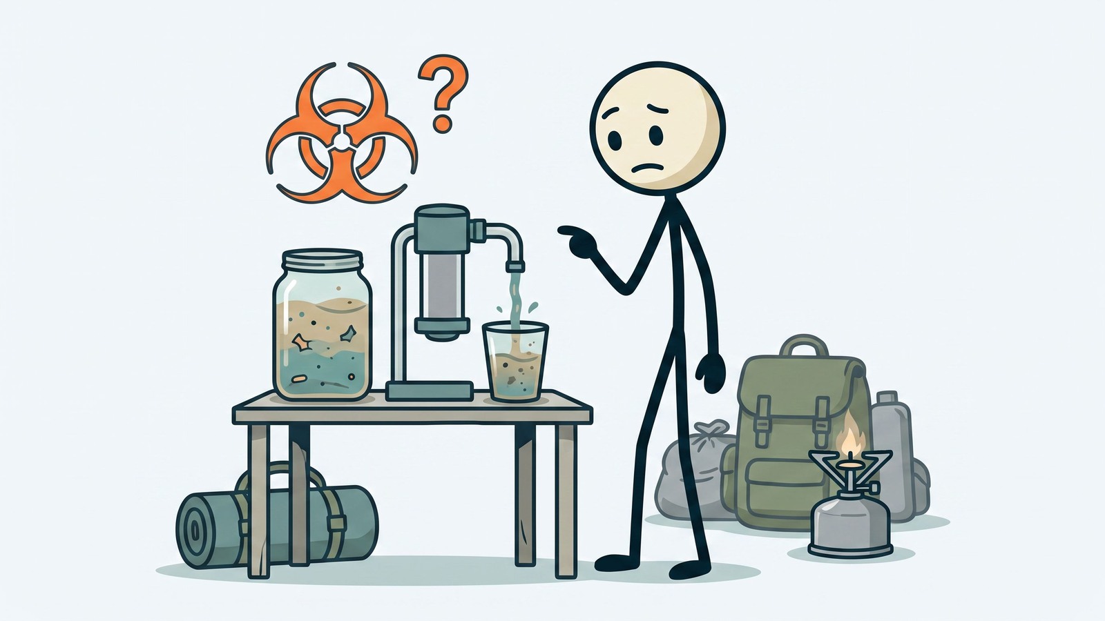 Illustration de style SC pour Cet article démystifie les idées fausses dangereuses sur les filtres à eau portables en identifiant les contaminants spécifiques qu'ils ne peuvent pas éliminer et en décrivant les scénarios critiques où l'ébullition est la seule méthode de purification sûre.