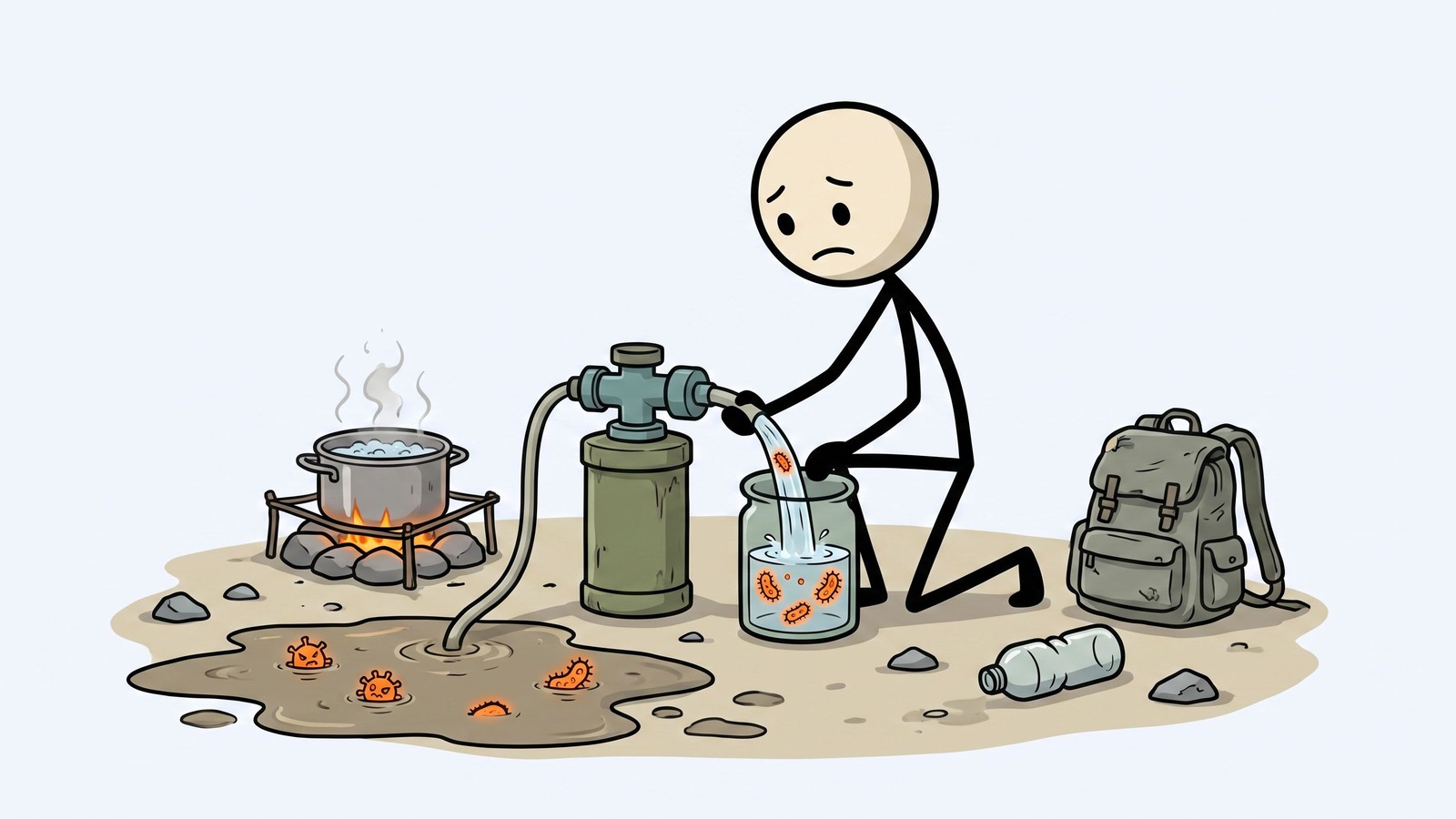 Illustration de style SC pour Cet article démystifie les idées fausses dangereuses sur les filtres à eau portables en identifiant les contaminants spécifiques qu'ils ne peuvent pas éliminer et en décrivant les scénarios critiques où l'ébullition est la seule méthode de purification sûre.