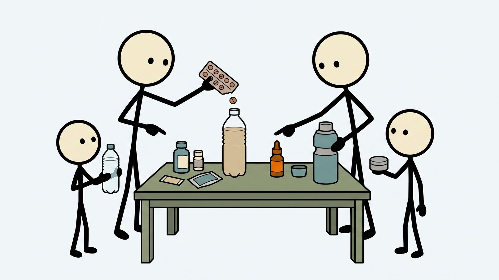 Illustration de style SC pour Un guide pratique d'urgence sur les comprimés de purification d'eau pour les familles, comparant l'iode, le dioxyde de chlore et l'eau de Javel à l'hypochlorite de sodium ; expliquant la durée de conservation, quand les comprimés sont meilleurs que les filtres, quand les filtres sont meilleurs que les comprimés, l'utilisation sûre et les conseils d'achat.