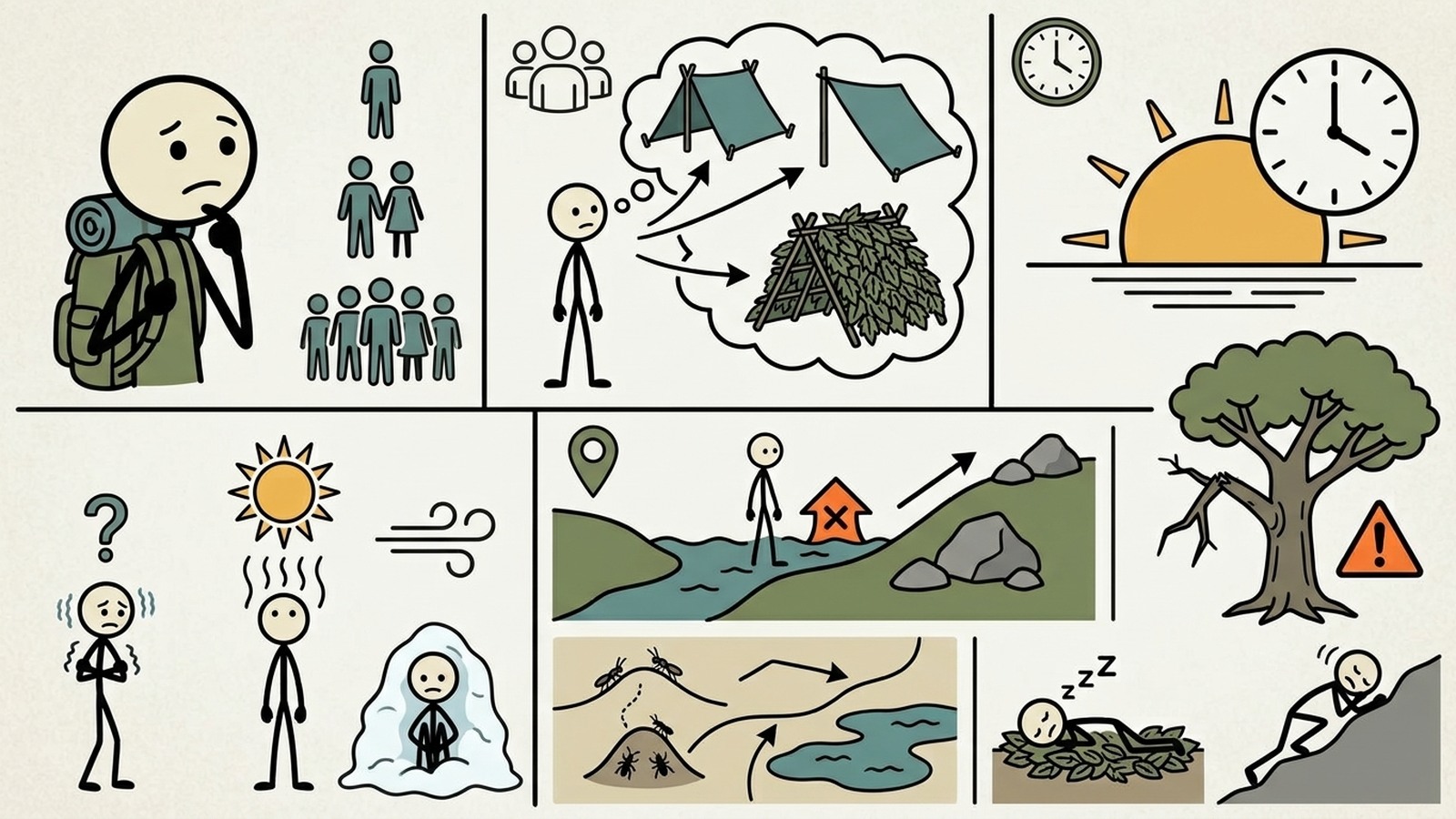 Illustration de style SC pour Ce guide complet fournit des instructions étape par étape pour la construction de six abris d'urgence très efficaces et faciles à construire en utilisant des ressources naturelles facilement disponibles pour assurer la survie dans des situations critiques en extérieur.