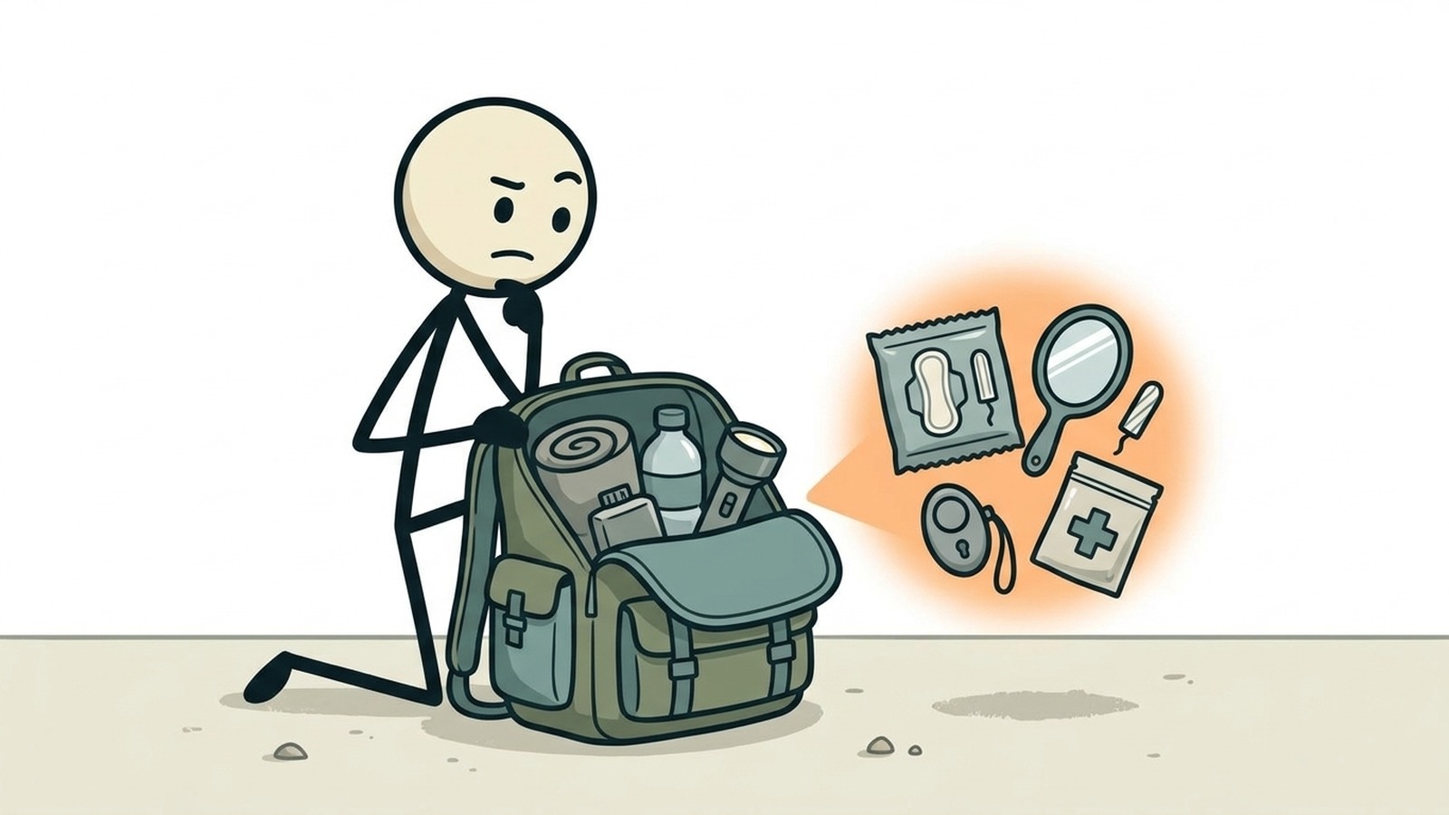 Illustration de style SC pour un guide de sac d'évacuation d'urgence répondant aux besoins généralement négligés dans les listes de préparation génériques
