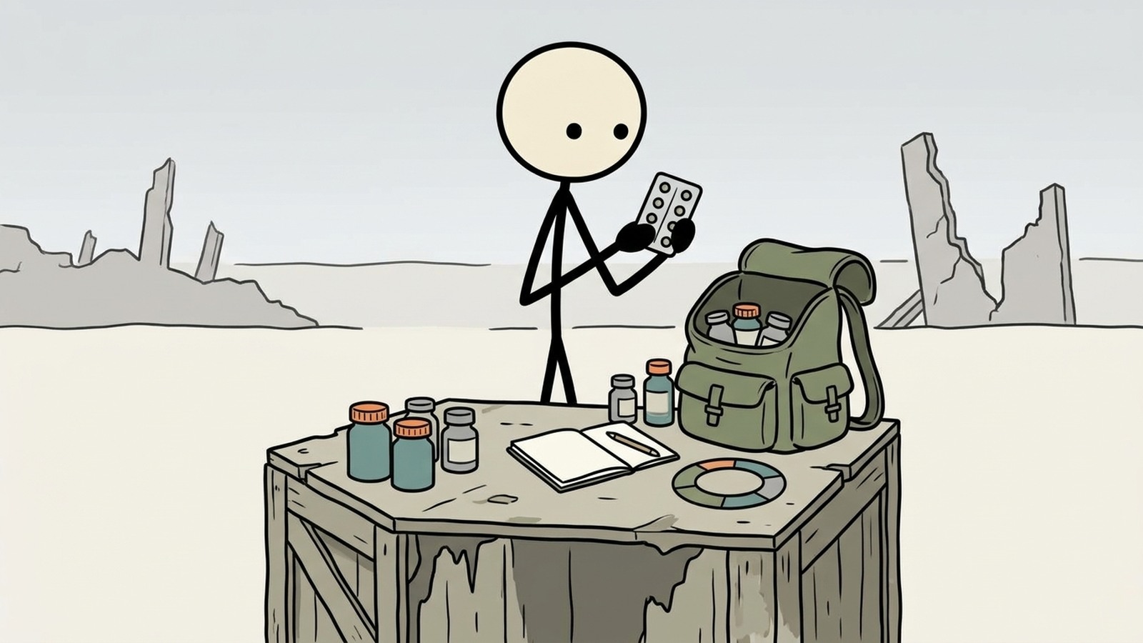 Illustration de style SC pour un guide de sac d'évacuation d'urgence répondant aux besoins généralement négligés dans les listes de préparation génériques