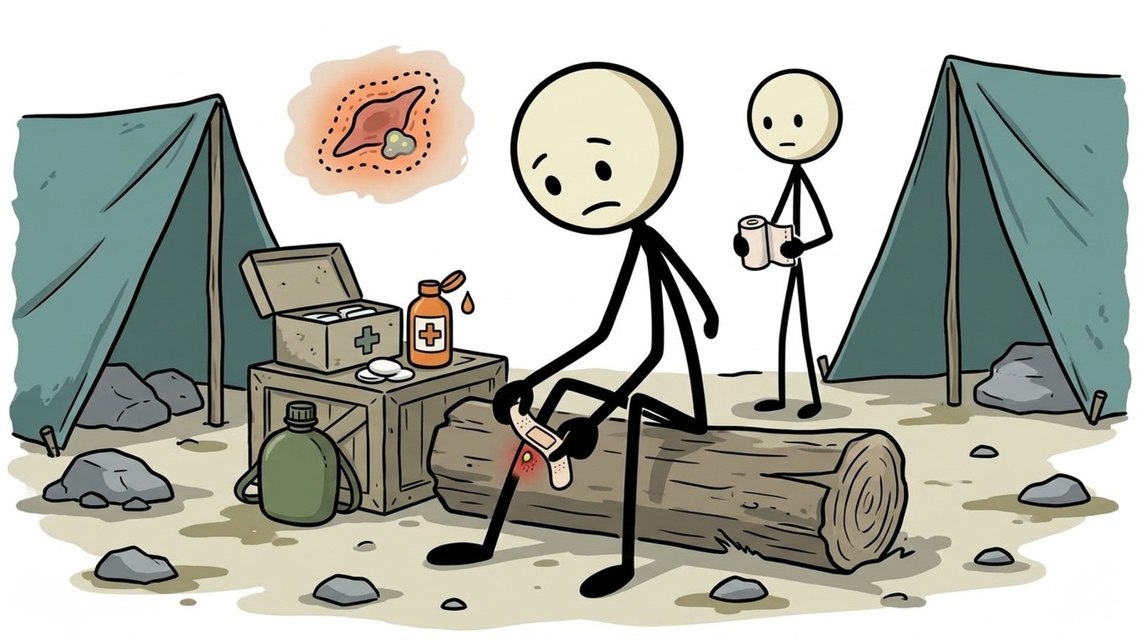Illustration de style SC pour un guide de préparation aux urgences axé sur l'identification des premiers signes d'infection des plaies et l'administration de protocoles de premiers secours hors réseau lorsque l'aide médicale professionnelle n'est pas disponible.