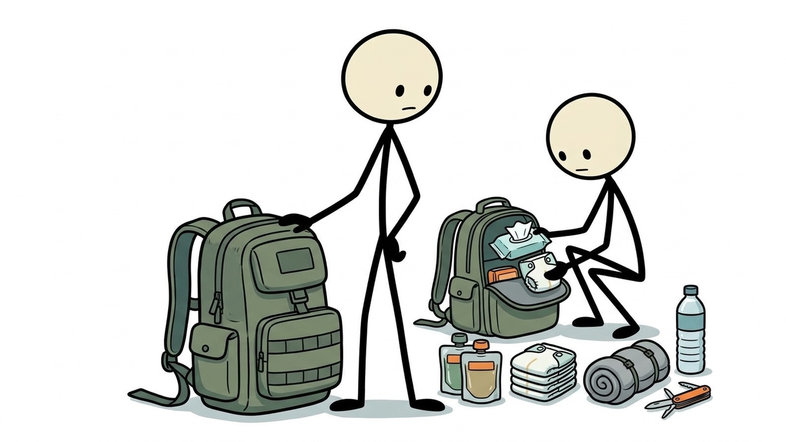SC-stijl illustratie voor het voorbereiden van een baby-specifieke 72-uurs kit en routines voor voeding, hygiëne, temperatuur en transport.