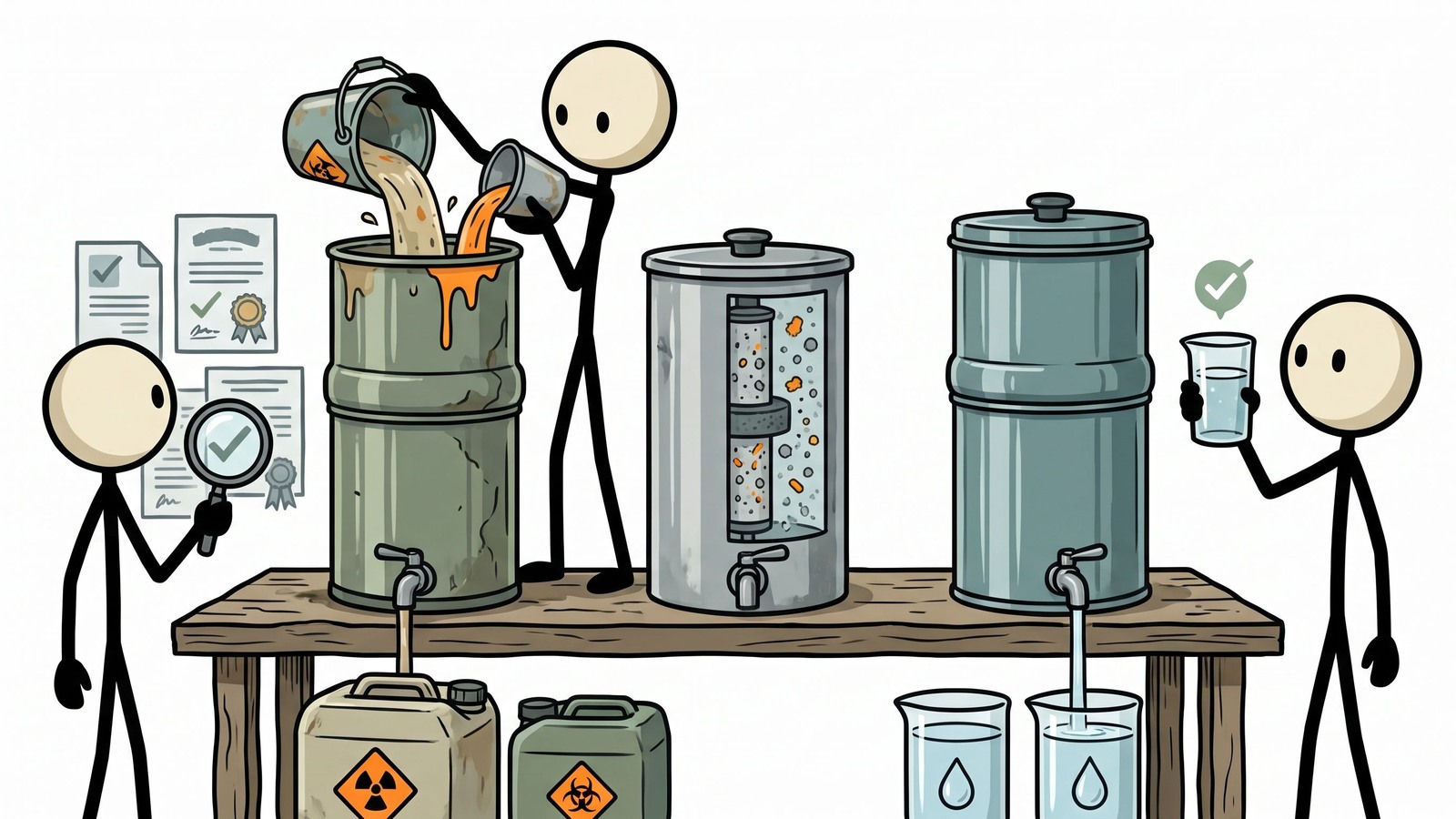 SC-stijl illustratie voor een directe vergelijking van de drie toonaangevende huishoudelijke zwaartekrachtwaterfilters
