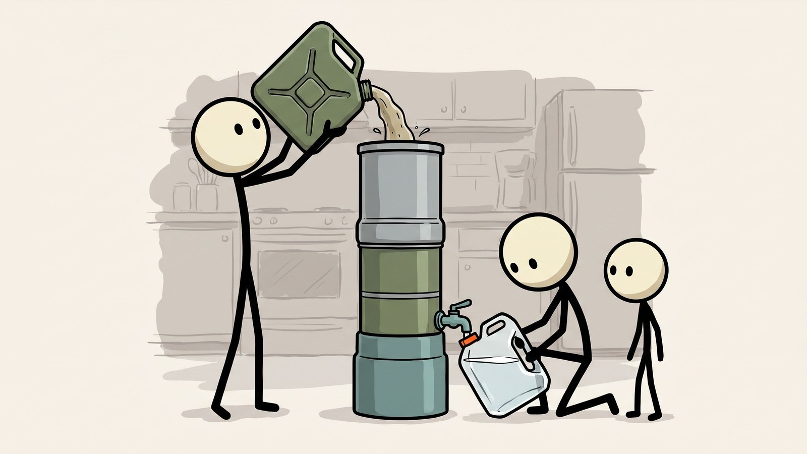 SC-stijl illustratie voor het vergelijken van noodwaterfiltratie- en zuiveringsopties voor thuisgebruik, bug-out kits en doorvoer voor gezinsgrootte