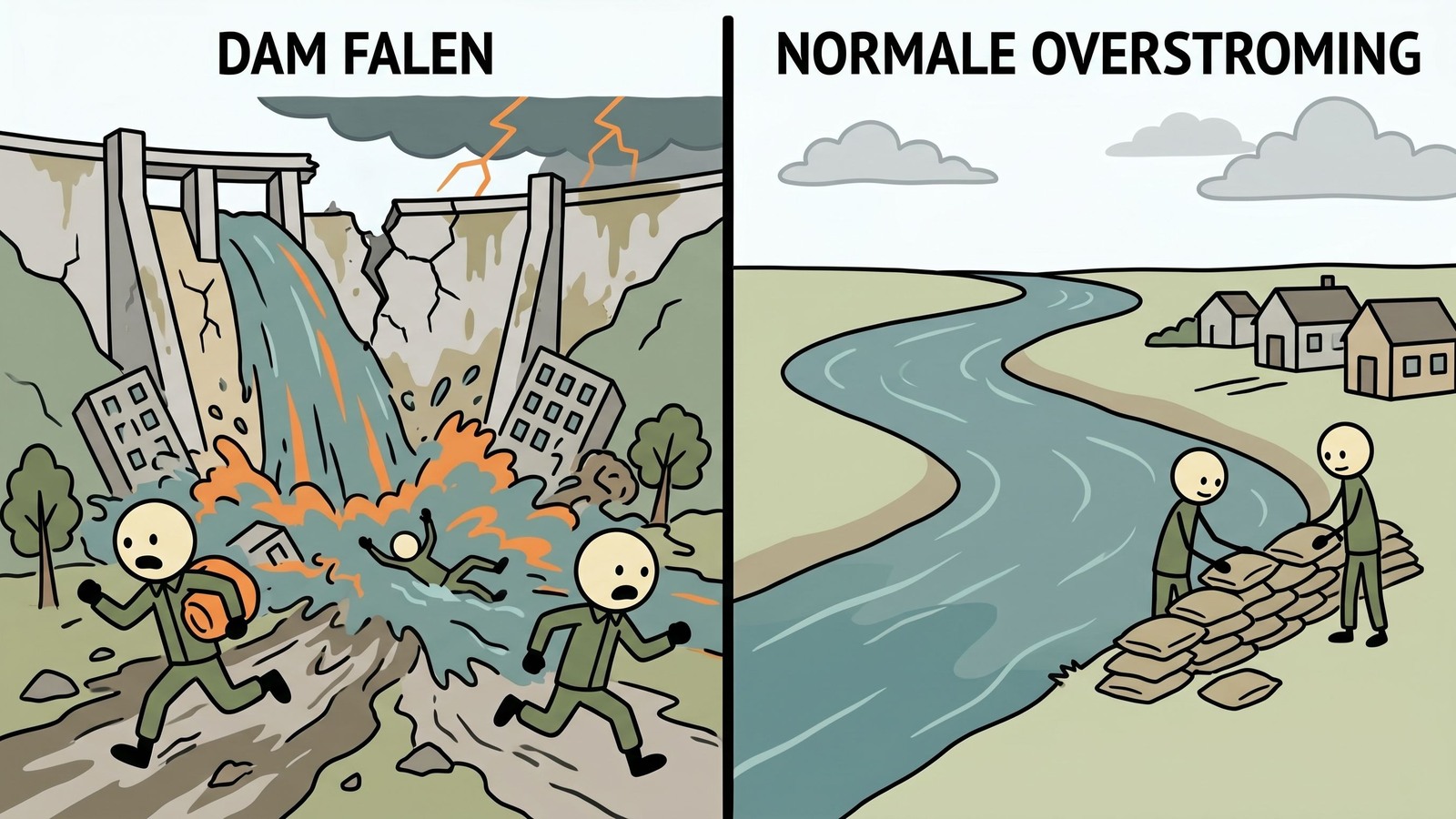 SC-stijl illustratie die de onderschatte dreiging van damfalen, hoe u uw damoverstromingszone kunt vinden, het kritieke verschil tussen damfalen en normale overstromingen, en snelle evacuatieprotocollen uitlegt.