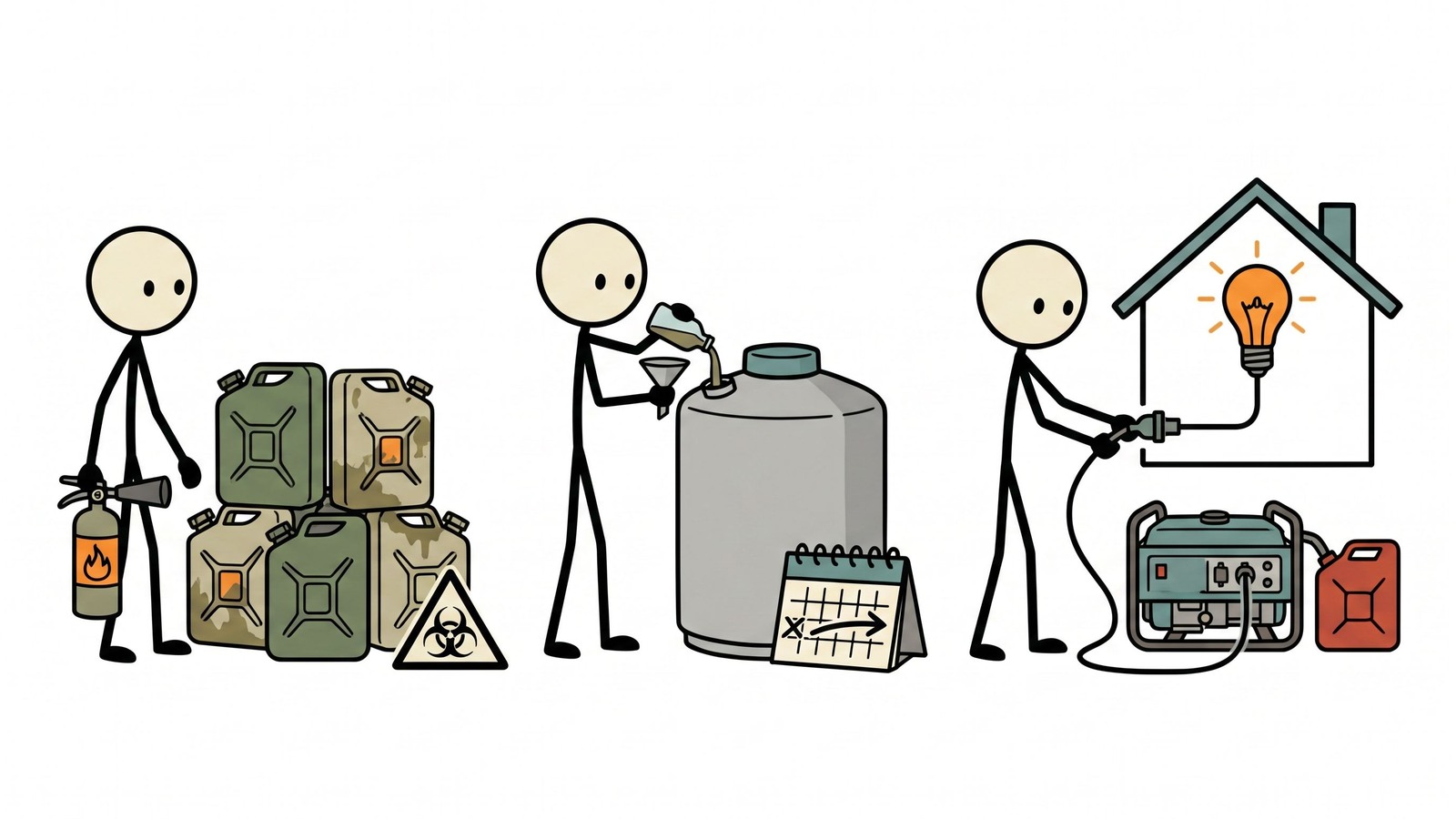 SC-stijl illustratie voor Deze uitgebreide gids beschrijft hoe u dieselbrandstof veilig thuis kunt opslaan voor noodgeneratoren, met de nadruk op het maximaliseren van de houdbaarheid, het kiezen van de juiste containers en het naleven van veiligheidsvoorschriften.