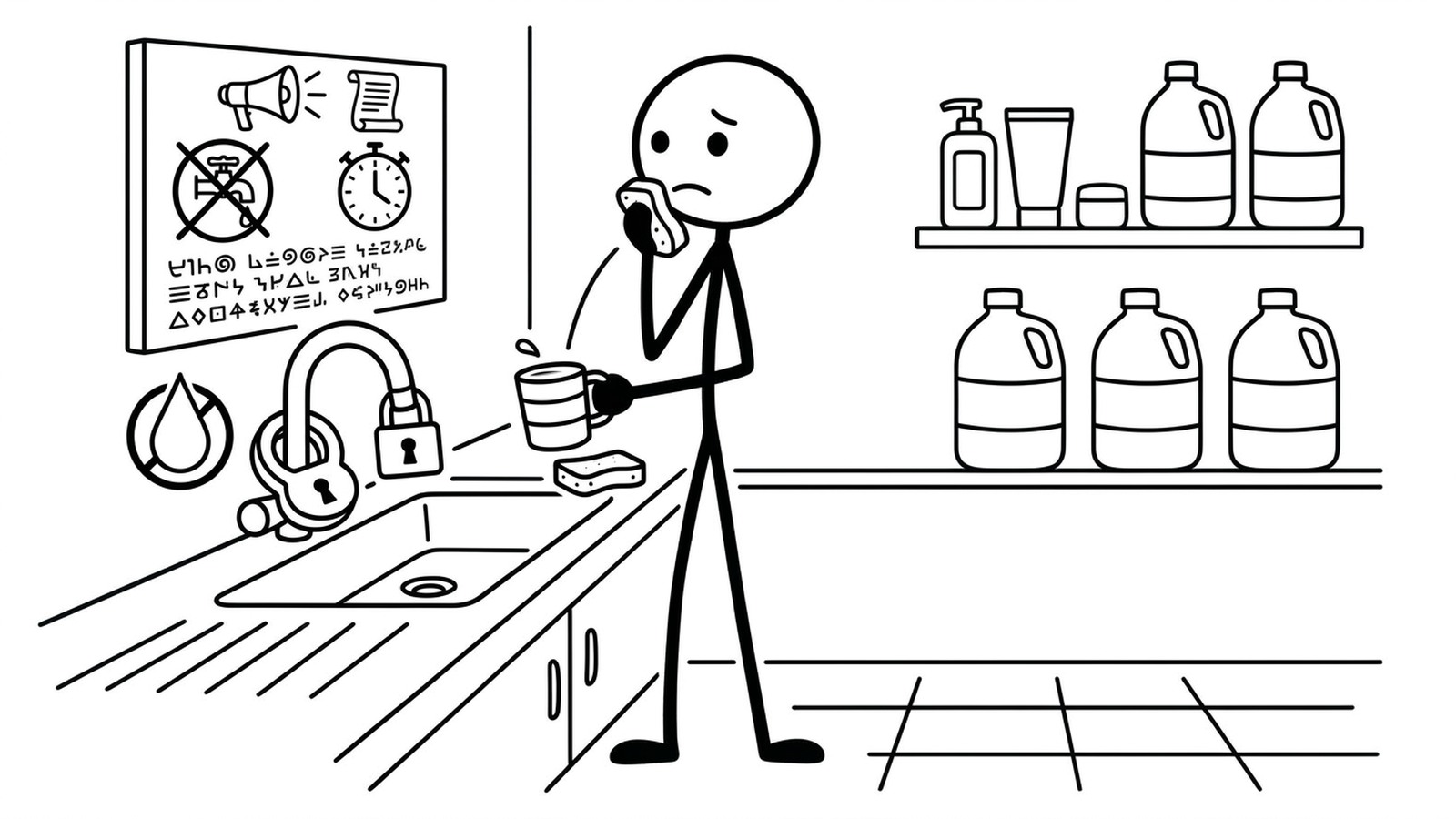 SC-stijl illustratie voor scenario's met droogte van meerdere weken en maanden, inclusief gemeentelijke waterbeperkingen, bronuitval, strategieën voor waterrantsoenering in huis, hergebruik van grijs water en langdurig droogtebestendig leven.