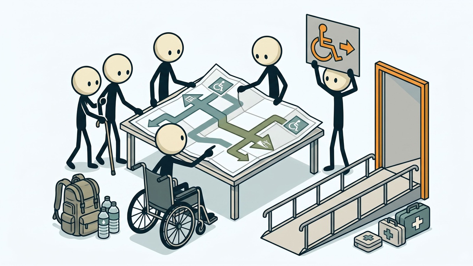 SC-stijl illustratie voor een uitgebreide gids voor mensen met een handicap over evacuatieplanning, communicatiebarrières, back-upstroom voor medische apparatuur, registers voor speciale behoeften en hoe zorgverleners ondersteuning kunnen coördineren.
